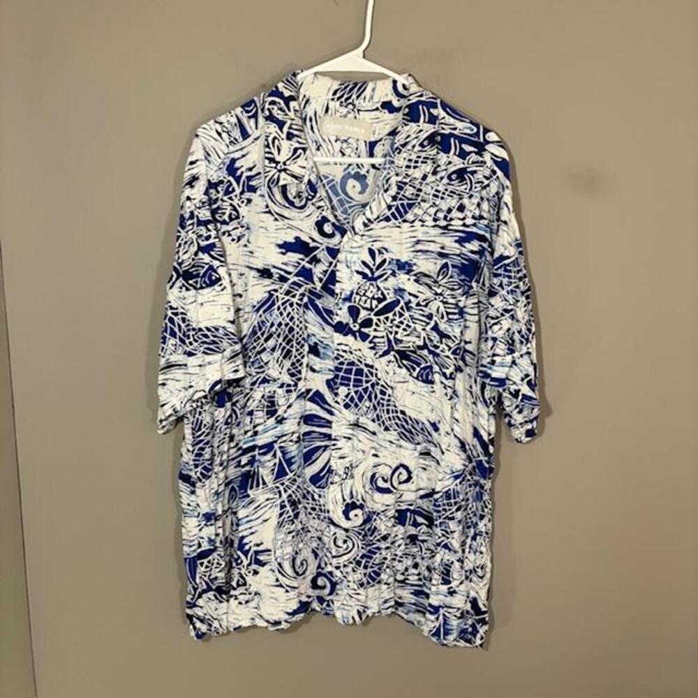 Jams World Shirt Mens XL Blue White Floral Short Sleeve Button Up Rayon Hawaiian
